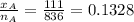 \frac{x_A}{n_A}= \frac{111}{836}= 0.1328