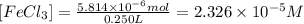 [FeCl_3]=\frac{5.814\times 10^{-6} mol}{0.250 L}=2.326\times 10^{-5} M