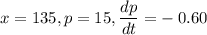 x=135,p=15,\dfrac{dp}{dt}= -\:0.60