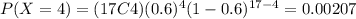 P(X=4)=(17C4)(0.6)^4 (1-0.6)^{17-4}=0.00207
