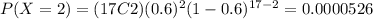 P(X=2)=(17C2)(0.6)^2 (1-0.6)^{17-2}=0.0000526