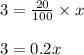 3=\frac{20}{100}\times x\\\\3=0.2x