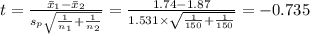 t=\frac{\bar x_{1}-\bar x_{2}}{s_{p}\sqrt{\frac{1}{n_{1}}+\frac{1}{n_{2}}}}=\frac{1.74-1.87}{1.531\times\sqrt{\frac{1}{150}+\frac{1}{150}}}=-0.735