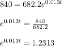 840=682.2e^{0.013t}\\\\e^{0.013t}=\frac{840}{682.2}\\\\e^{0.013t}=1.2313