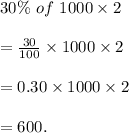 30\%\ of\ 1000\times 2\\\\=\frac{30}{100}\times 1000\times 2\\\\=0.30\times 1000\times 2\\\\=600.