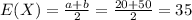 E(X) = \frac{a+b}{2} = \frac{20+50}{2}=35