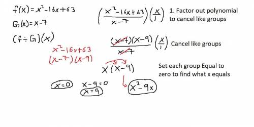 Given that  f ( x ) = x 2 − 16 x + 63 f(x)=x  2 −16x+63 and  g ( x ) = x − 7 g(x)=x−7, find  ( f ÷ g