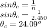 sin\theta_c=\frac{1}{n}\\sin\theta_c=\frac{1}{2.450}\\\theta_c=24.09^o