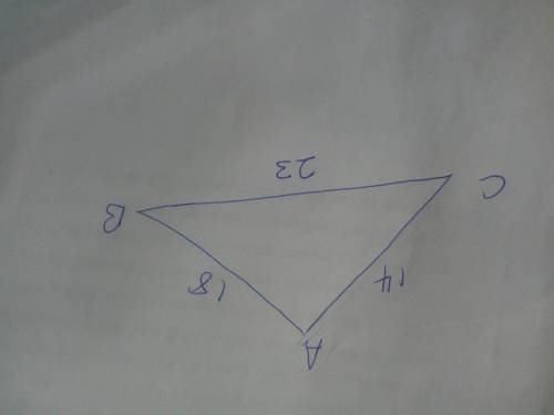In triangle ABC, the lengths of the sides in feet are a=23, b=14, c=18 . Find angle C.