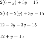 2(6-y)+3y=15\\\\2(6)-2(y)+3y=15\\\\12-2y+3y=15\\\\12+y=15\\\\