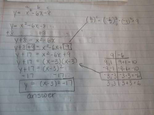 Complete the square in the quadratic equation in order to write the equation in vertex form.y = x^2 