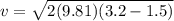 v = \sqrt{2(9.81)(3.2 - 1.5)}