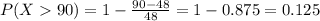 P(X90)=1- \frac{90-48}{48} = 1-0.875 = 0.125