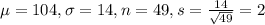 \mu = 104, \sigma = 14, n = 49, s = \frac{14}{\sqrt{49}} = 2