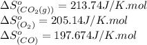 \Delta S^o_{(CO_2(g))}=213.74J/K.mol\\\Delta S^o_{(O_2)}=205.14J/K.mol\\\Delta S^o_{(CO)}=197.674J/K.mol