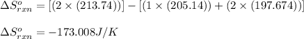 \Delta S^o_{rxn}=[(2\times (213.74))]-[(1\times (205.14))+(2\times (197.674))]\\\\\Delta S^o_{rxn}=-173.008J/K