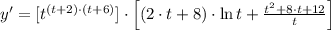 y' = [t^{(t+2)\cdot (t + 6)}]\cdot \left[(2\cdot t + 8)\cdot \ln t + \frac{t^{2}+8\cdot t + 12}{t}  \right]