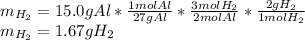 m_{H_2}=15.0gAl*\frac{1molAl}{27gAl}*\frac{3molH_2}{2molAl}*\frac{2gH_2}{1molH_2} \\m_{H_2}=1.67gH_2