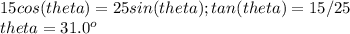 15cos(theta)=25sin(theta);tan(theta)=15/25\\theta=31.0^o