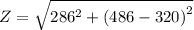 Z = \sqrt{286^{2}+\left (486 - 320 \right )^{2}}
