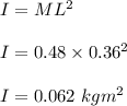I = ML^2\\\\I = 0.48 \times 0.36^2\\\\I = 0.062 \ kgm^2