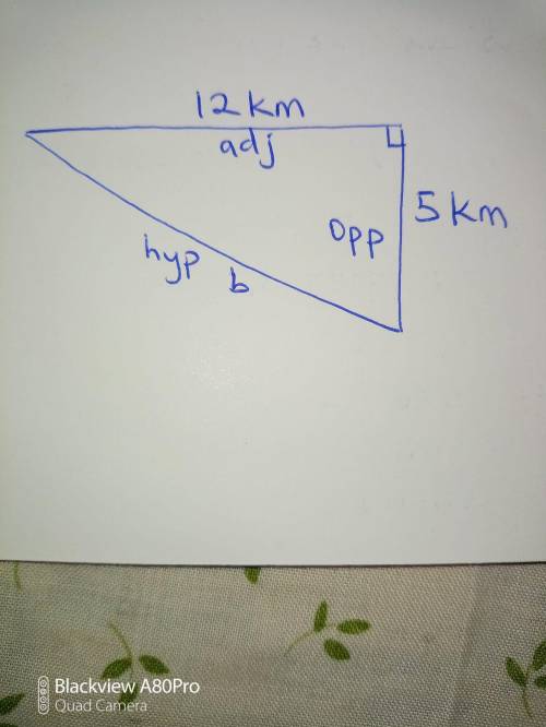 Two joggers run 5km north and then 12km west. What is the shortest distance to the nearest tenth of