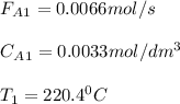 F_A_1=0.0066mol/s\\\\C_A_1=0.0033mol/dm^3\\\\T_1=220.4^0C