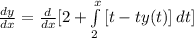 \frac{dy}{dx} =\frac{d}{dx} [2+\int\limits^x_2 {[t-ty(t)]} \, dt]