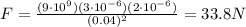 F=\frac{(9\cdot 10^9)(3\cdot 10^{-6})(2\cdot 10^{-6})}{(0.04)^2}=33.8 N