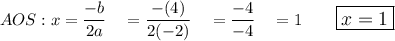 AOS: x=\dfrac{-b}{2a}\quad = \dfrac{-(4)}{2(-2)}\quad =\dfrac{-4}{-4}\quad =1 \qquad  \large\boxed{x=1}
