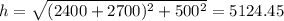 h=\sqrt{(2400+2700)^2+500^2} = 5124.45
