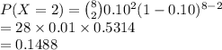 P(X=2)={8\choose 2}0.10^{2}(1-0.10)^{8-2}\\=28\times 0.01\times 0.5314\\=0.1488