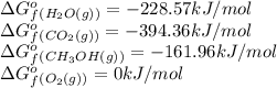 \Delta G^o_f_{(H_2O(g))}=-228.57kJ/mol\\\Delta G^o_f_{(CO_2(g))}=-394.36kJ/mol\\\Delta G^o_f_{(CH_3OH(g))}=-161.96kJ/mol\\\Delta G^o_f_{(O_2(g))}=0kJ/mol