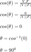 cos(\theta) = \frac{V.F}{|V||F|} \\\\cos(\theta) = \frac{0}{|V||F|} \\\\cos(\theta) = 0\\\\\theta = cos^{-1} (0)\\\\\theta = 90  ^0