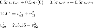 0.5m_av_a_1+0.5m_b(0)=0.5m_av_a_2+0.5m_bv_b_2\\\\14.6^2=v_{a2}^2+v_{b2}^2\\\\v_{b2}^2=213.16-v_{a2}^2