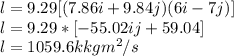 l=9.29[(7.86i+9.84j)(6i-7j)]\\l=9.29*[-55.02ij+59.04]\\l=1059.6k kgm^{2} /s