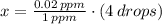 x =\frac{0.02\,ppm}{1\,ppm}\cdot (4\,drops)