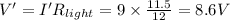 V'=I'R_{light}=9\times \frac{11.5}{12}=8.6 V