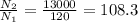 \frac{N_2}{N_1}=\frac{13000}{120}=108.3