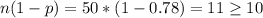 n(1-p)=50*(1-0.78)=11 \geq 10