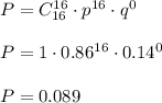 P=C^{16}_{16}\cdot p^{16}\cdot q^{0}\\\\P=1\cdot 0.86^{16}\cdot 0.14^0\\\\P=0.089