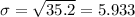 \sigma = \sqrt{35.2} = 5.933