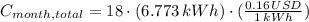 C_{month, total} = 18\cdot (6.773\,kWh)\cdot (\frac{0.16\,USD}{1\,kWh} )