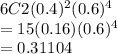 6C2 (0.4)^2 (0.6)^4\\= 15(0.16)(0.6)^4\\=0.31104