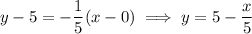 y-5=-\dfrac15(x-0)\implies y=5-\dfrac x5