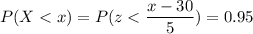 P( X < x) = P( z < \displaystyle\frac{x - 30}{5})=0.95