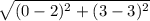 \sqrt{(0-2)^2+(3-3)^2}
