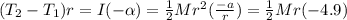 (T_2-T_1)r=I(-\alpha)=\frac{1}{2}Mr^2(\frac{-a}{r})=\frac{1}{2}Mr(-4.9)