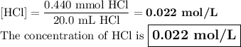 \text{[HCl]} = \dfrac{\text{0.440 mmol HCl}}{\text{20.0 mL HCl}} = \textbf{0.022 mol/L}\\\text{The concentration of HCl is $\large \boxed{\textbf{0.022 mol/L}}$}