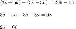 (3s+5a)-(3s+3a)=209-141\\\\3s+5a-3s-3a=68\\\\2a=68